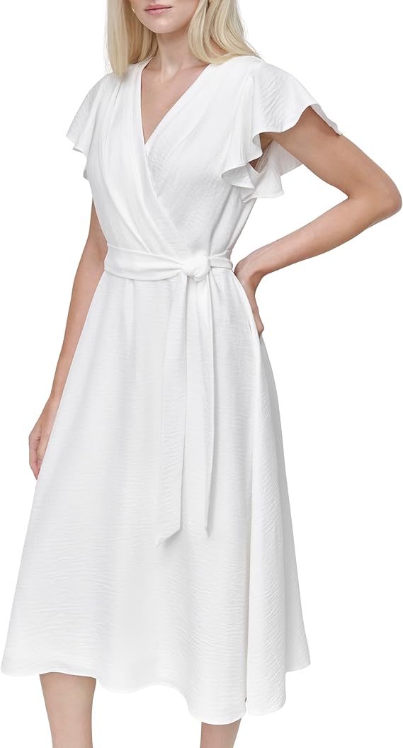 Women's Butterfly Sleeve Tie-Waist Slim Fit Flared Midi Dress 26